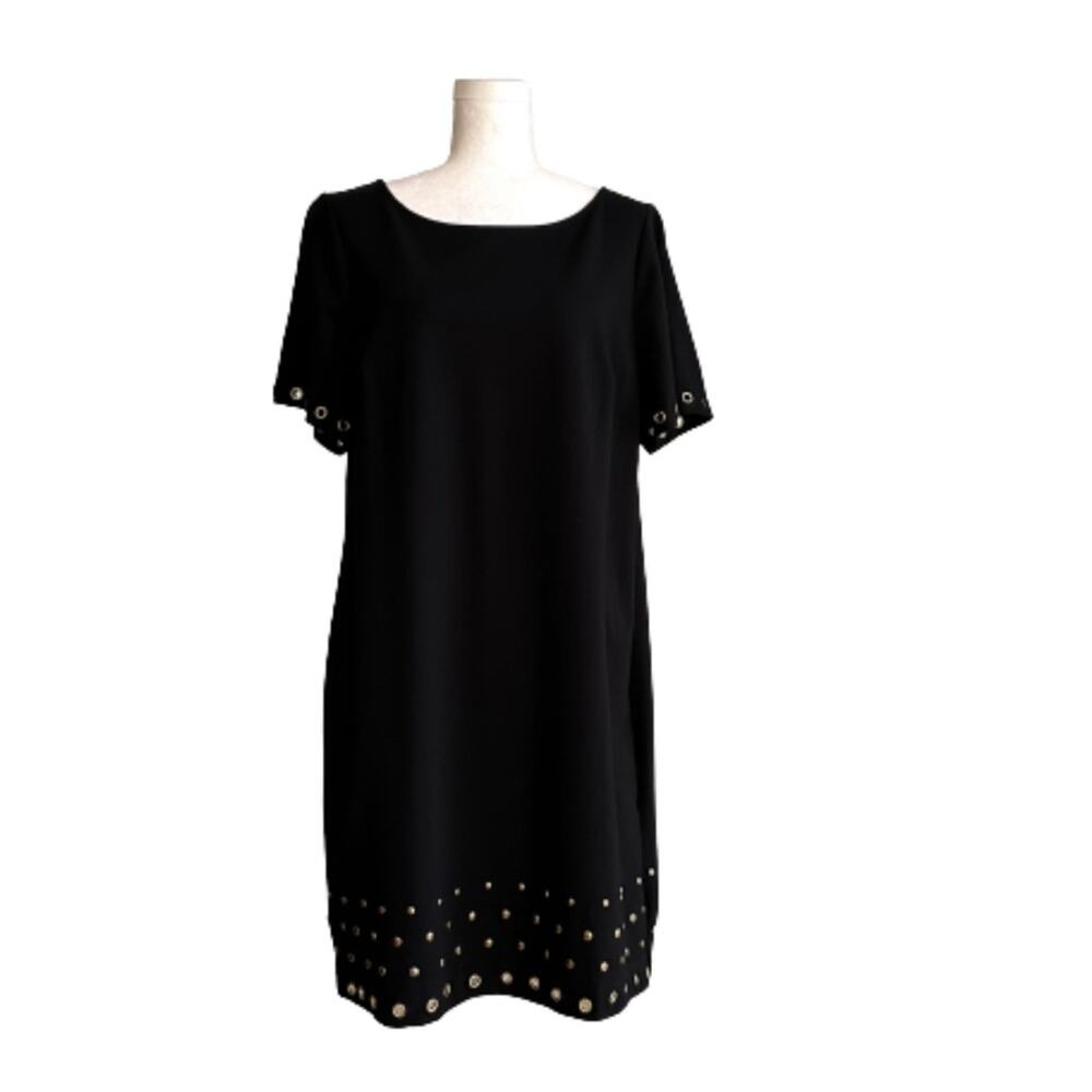 Roz & Ali Dress Black Grommet Rivet Detail Short Sleeve Shift LBD Woman Size 14
